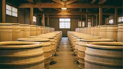 Rows of large wooden barrels aging in a traditional Japanese warehouse during the daytime