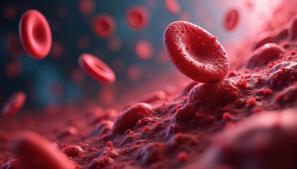 Fototapeta premium Vibrant close-up illustration of red blood cells flowing in bloodstream. Cellular activity within human body. Health concept. Medical visuals. Anatomy, biology. Ideal for scientific tech, health,