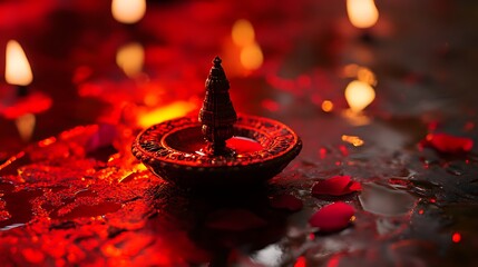 Ornate oil lamp with warm candlelight reflections.