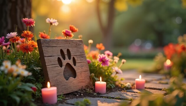 Wooden paw print memorial surrounded by colorful flowers and candles in garden. Remembrance pet loss ceremony with flowers. Pet memorial, tribute, decoration, gravesite. Beautiful sunset light.