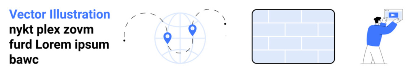 Globe with location markers, builder-thumbs up wall structure, individual holding a laptop. Ideal for geolocation, digital tools, connectivity, technology, navigation, education simple landing page