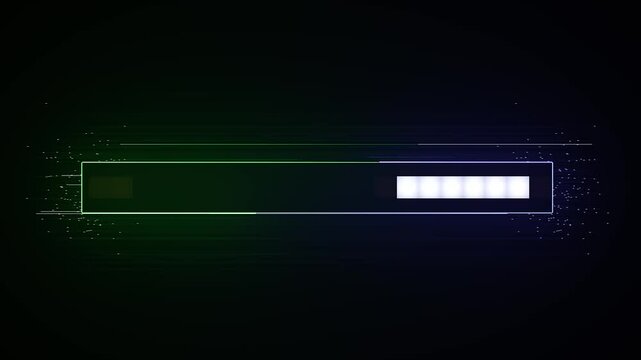 Digital text loading bar animation add saber effect. Neon, blue and green rectangular loading bar with blocks on black background