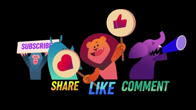 Like subscribe comment share. Social Media Call to Action Icons with Funny Animal