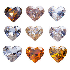Fototapeta premium Collection of nine heart shaped gems with various colors on transparent background