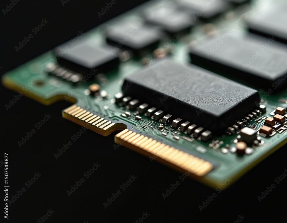 Poster close-up of ram module on black background. computer component random-access memory with gold contac
