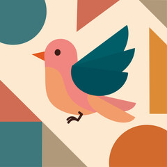 Illustration of a little bird flying in profile. Vibrant and cheerful colors, geometric shapes background with colorful graphic elements. Pink, yellow and blue bird.