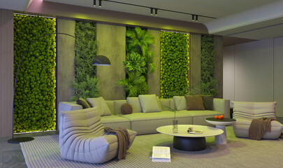 Living Room with Vertical Garden & Night View