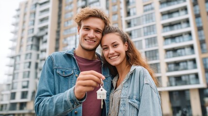 Happy couple holding house keychain in front of modern apartment building