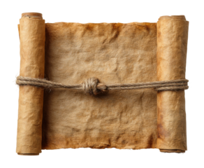 Ancient scroll displayed on wooden surface historical documentation calm top-down perspective isolated on transparent background