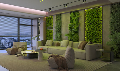 Living Room with Vertical Garden & Night View