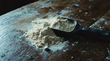 Heap of Protein Powder with Scoop on Wooden Table