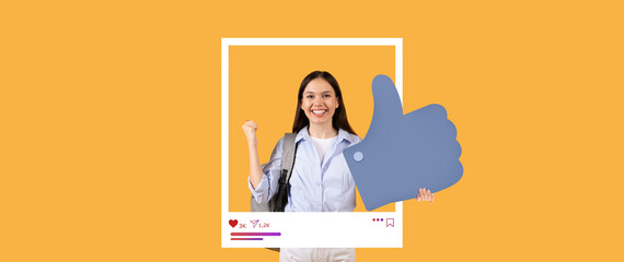 A cheerful influencer with long hair gives a thumbs up while standing in front of a vibrant yellow...