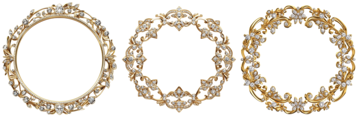 Set of Front-facing shot of a gold rectangular frame containing a circle with a floral design, placed against on transparent png background. Ai generated