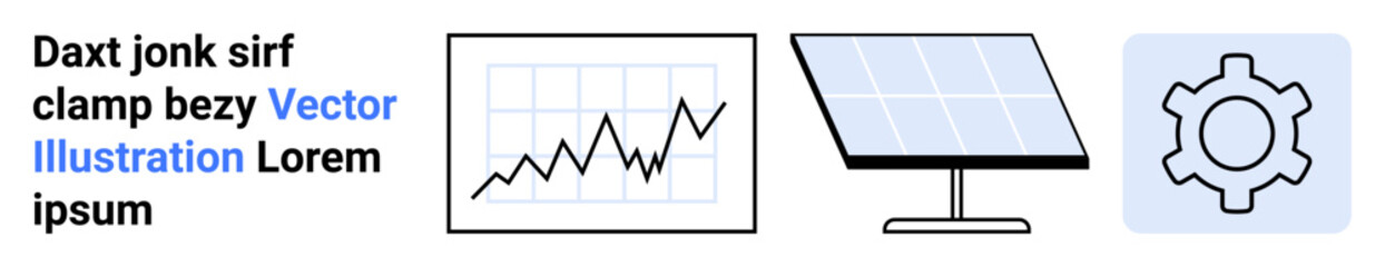 Line graph showcasing data growth, solar panel for renewable energy, and gear representing system or process. Ideal for technology, energy, analytics, innovation, development, optimization simple