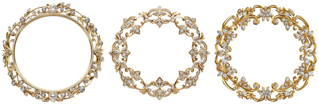 Set of Front-facing shot of a gold rectangular frame containing a circle with a floral design, placed against on transparent png background. Ai generated