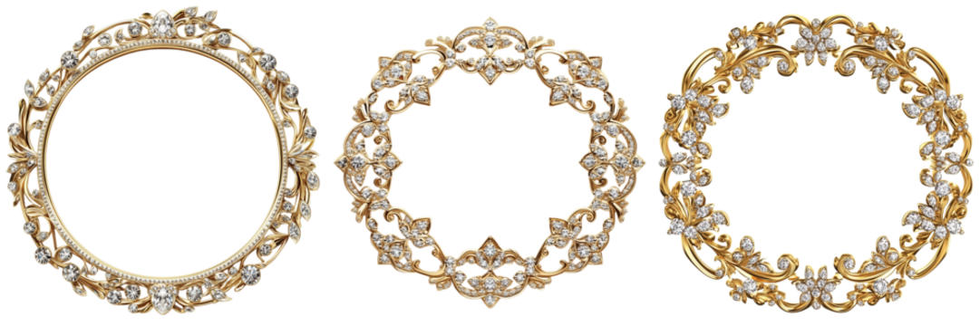 Set of Front-facing shot of a gold rectangular frame containing a circle with a floral design, placed against on transparent png background. Ai generated