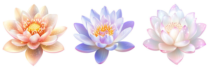Set of Top-down view of a blooming Blue Water Lily (Nymphaea nouchali), petals arranged symmetrically on transparent png background. Ai generated