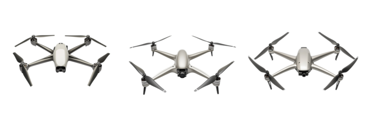 Set of A drone with a vibrant blue lens on the front and bottom right on transparent png background. Ai generated