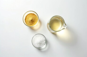 Top view of cosmetic chemicals and ingredients on white lab table. Sulfur powder, clear liquid and white powder. Cosmetic, medical research and development. Top down studio shot, clean layout.