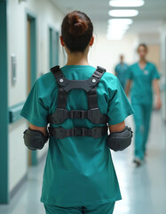 Nurse wears exoskeleton hardware, aids lifting, moving patients in hospital. Robotic tech improves patient comfort, reduces injury risk, eases workload. Healthcare innovation enhances efficiency,