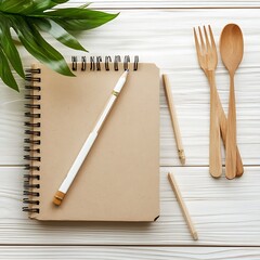 A spiral-bound notebook, pencil, and wooden utensils on a white wooden surface.