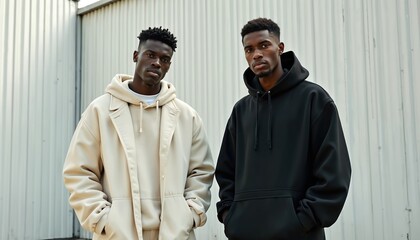 Two stylish young black male models in fashionable urban outfits. Contemporary streetwear for fashion magazine. Men wearing hoodies and coats in urban setting. Modern trendy look, minimalist style.