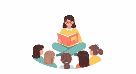 Woman Reading Book to Group of Children Storytelling Illustration