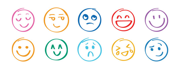 Fototapeta na wymiar Human emotions smiley doodle hand drawn set. Funny hand drawn faces abstract collection. Cute expression, angry or sad comic communication