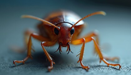 Detailed illustration of cockroach. Macro shot insect anatomy, exoskeleton, legs, antennae. Brown color against blurred backdrop. Explore microcosm, beauty, complexity of nature. High quality.