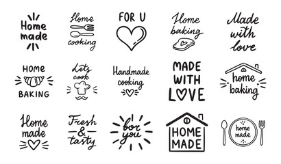 Home cooking, home baking or made with love, old style kitchen lettering, food and cooking set. Home made doodle simple ink or pen outline emblems