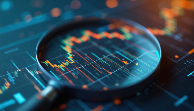 Magnifying glass examines financial graph, analysis of financial trends. Focus on investment, stock market data. Business growth numbers, economic forecast. Fintech innovations, trading strategies,