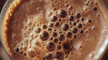 Chocolate protein shake with frothy bubbles