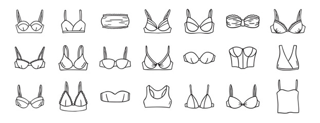 Obraz premium Lingerie fashion feminine lacy woman underwear bra icon doodle hand drawn. Outline line drawing clipart symbol