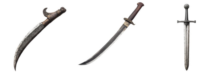 Set of Professional image of a curved sword with dark brown leather handle and silver metal accents on transparent png background. Ai generated