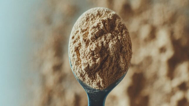 Measuring Spoon Filled with Vanilla Protein Powder