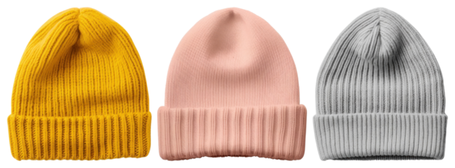 PNG Colorful knitted winter beanies, element set on transparent background