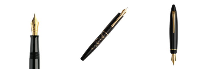 Set of Top-down view of a Majohn P139 piston fountain pen uncapped, showcasing the nib on transparent png background. Ai generated