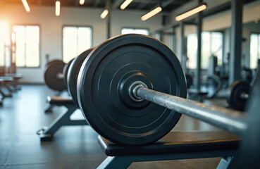 Barbell with weight plates rests on bench modern gym. Strength training, weightlifting for bodybuilding, fitness workout. Training equipment, wellness concept, healthy lifestyle.