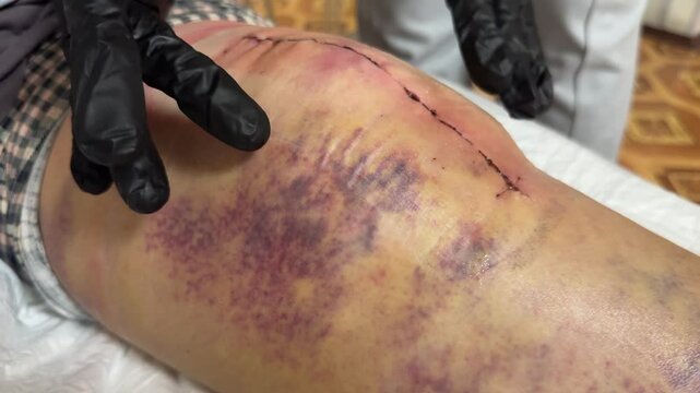 The doctor is assessing the condition of her knee, which has a scar from the procedure.