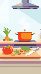 Cooking Pot on Stove with Rising Steam – Kitchen Scene Illustration