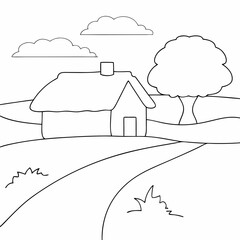 Village house coloring page simple and minimal line art illustration on white background