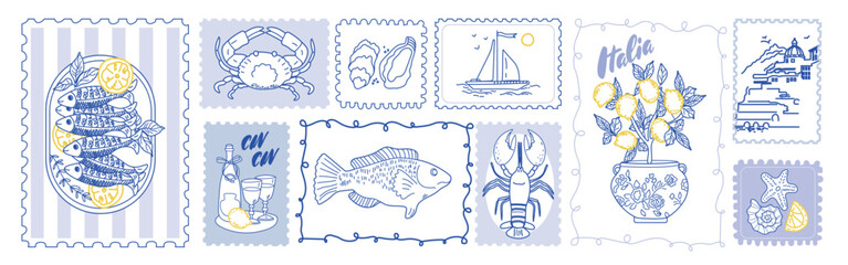 Naklejka premium Summer stamp from Italy with lemon and Amalfi beach. Vintage postcard style vector illustration. Retro travel design with sea, lobster and coastal vacation theme.