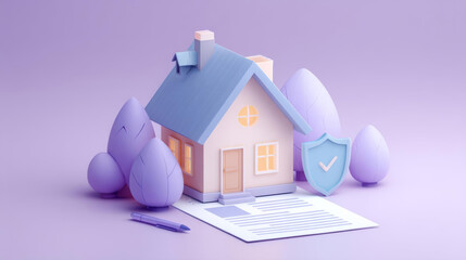 Colorful house model with blue roof, surrounded by purple trees, symbolizes home insurance