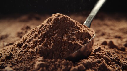 Chocolate Protein Powder Heap with Measuring Spoon