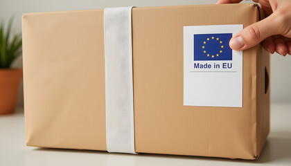 Hand Placing Sticker on Cardboard Box Indoors "Made in EU"