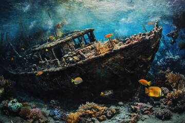 Sunken ship in coral reef