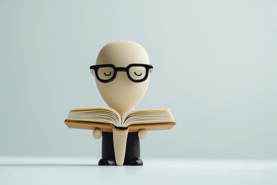 Cartoon 3D illustration of a funny bald egg-head businessman reading a book on the table with a smile and an idea concept symbol