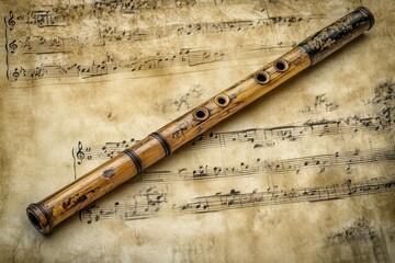 Fototapeta premium Bamboo flute on vintage sheet music