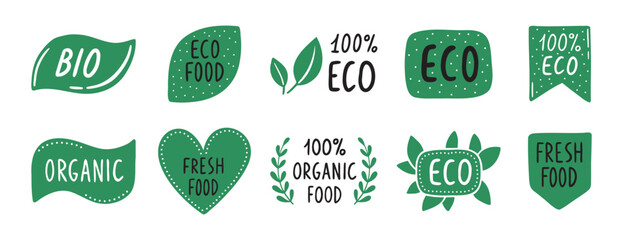 Oganic food Eco emblem icon set. hand drawn doodle 100 percent bio products stamp. green ecology guality market icons