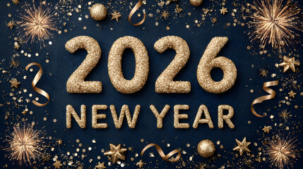 Festive 2026 Happy New Year Background with Fireworks, Golden Confetti, and Elegant Typography, Vector Illustration
